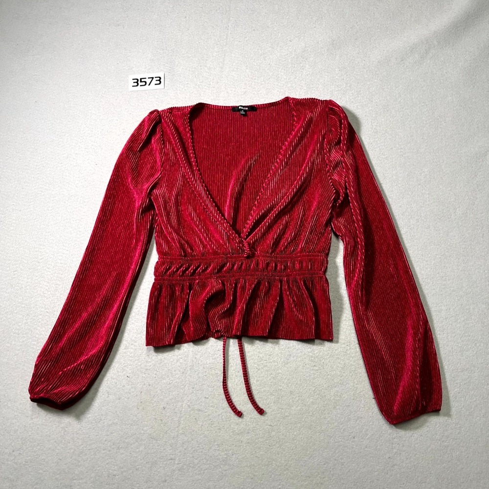 Blāshe Peplum Top Womens Medium Red Pleated V Neck Elastic Waist Shimmer Cropped
